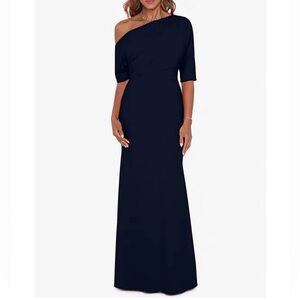 Betsy & Adam Scuba Crepe Asymmetric One Shoulder Mermaid Gown Navy 14 A25025